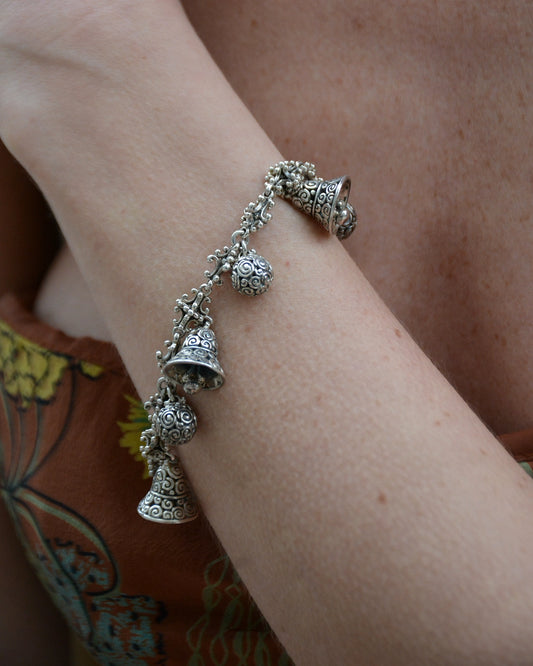 Vintage Sterling Silver Ornate Bell Charm Bracelet