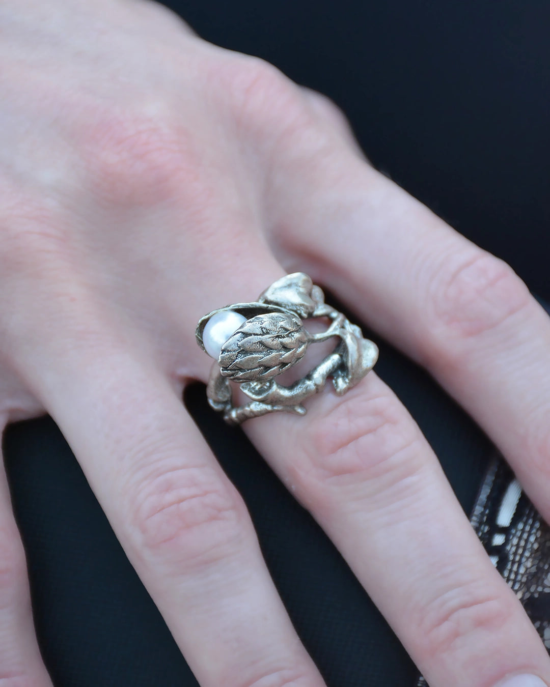 Vintage Sterling Silver Pearl-Set Rosebud Ring