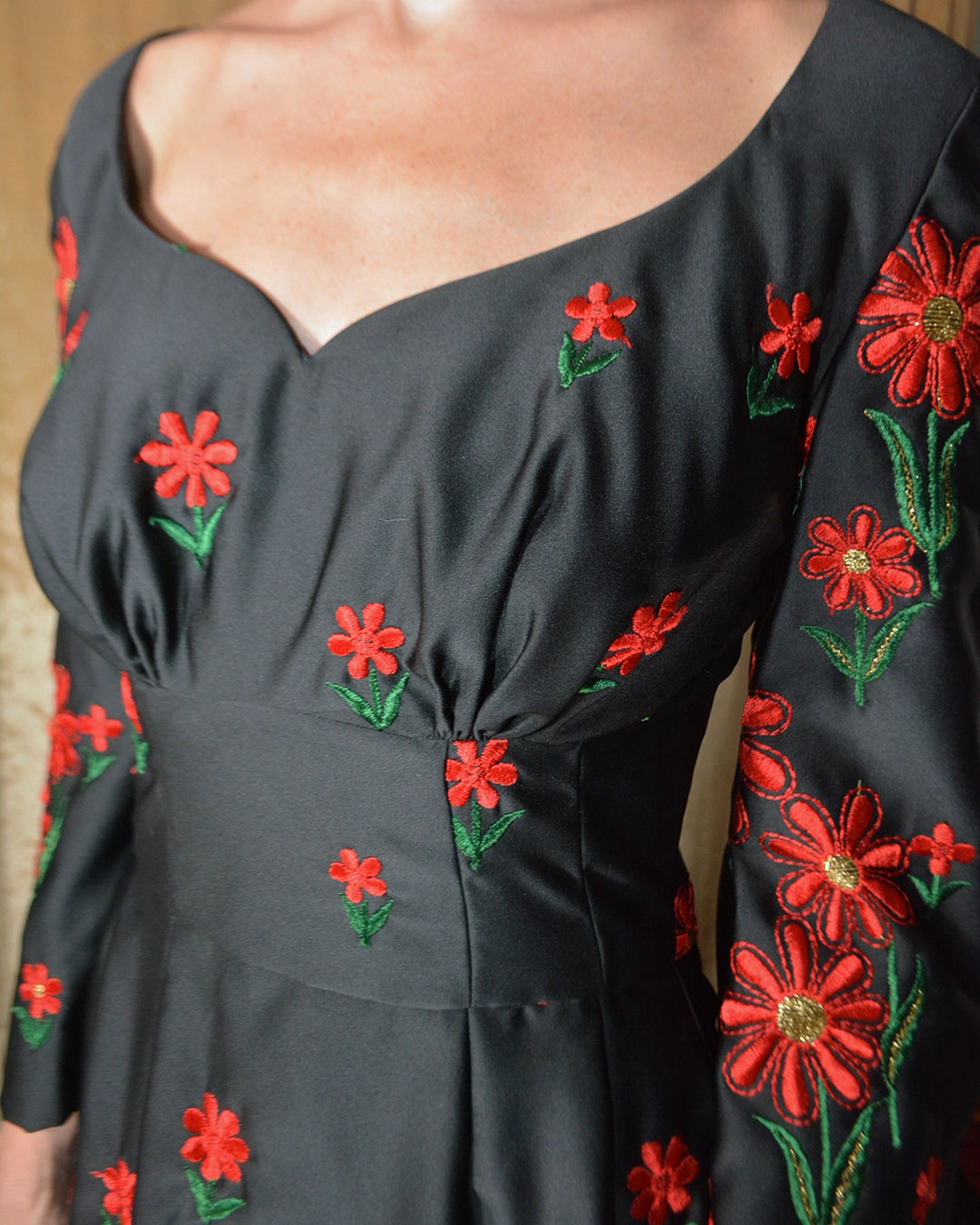 Vintage Sweetheart Neckline Long Sleeve Gown with Floral Embroidery
