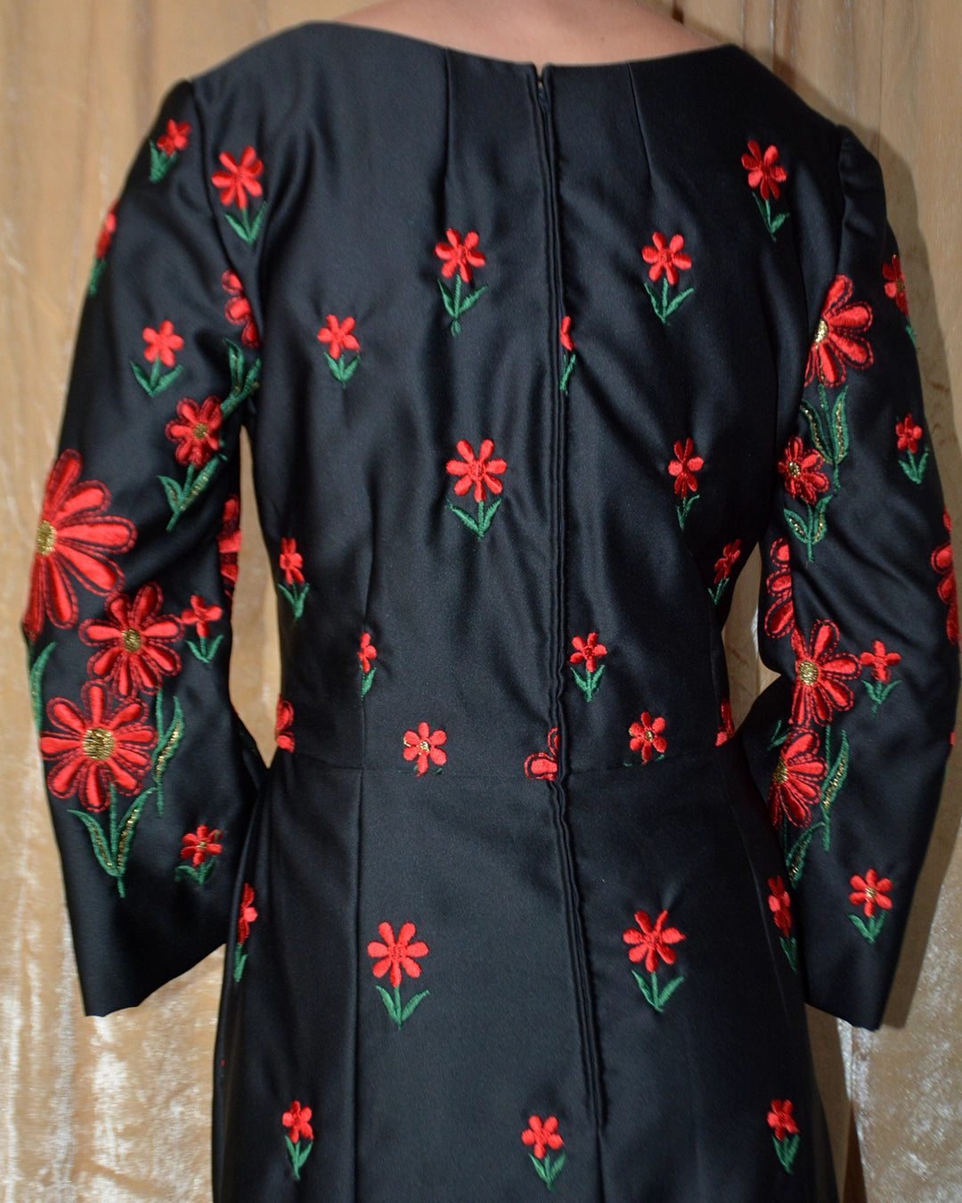 Vintage Sweetheart Neckline Long Sleeve Gown with Floral Embroidery