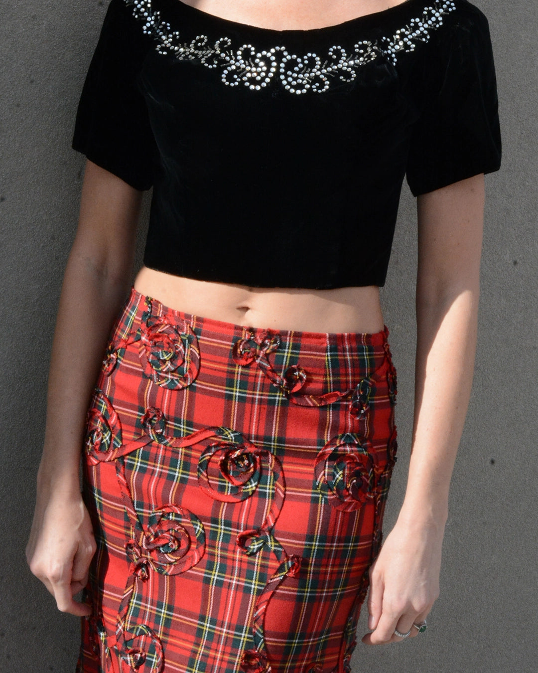 Vintage Tartan Skirt with Appliqué and Eyelet Trim