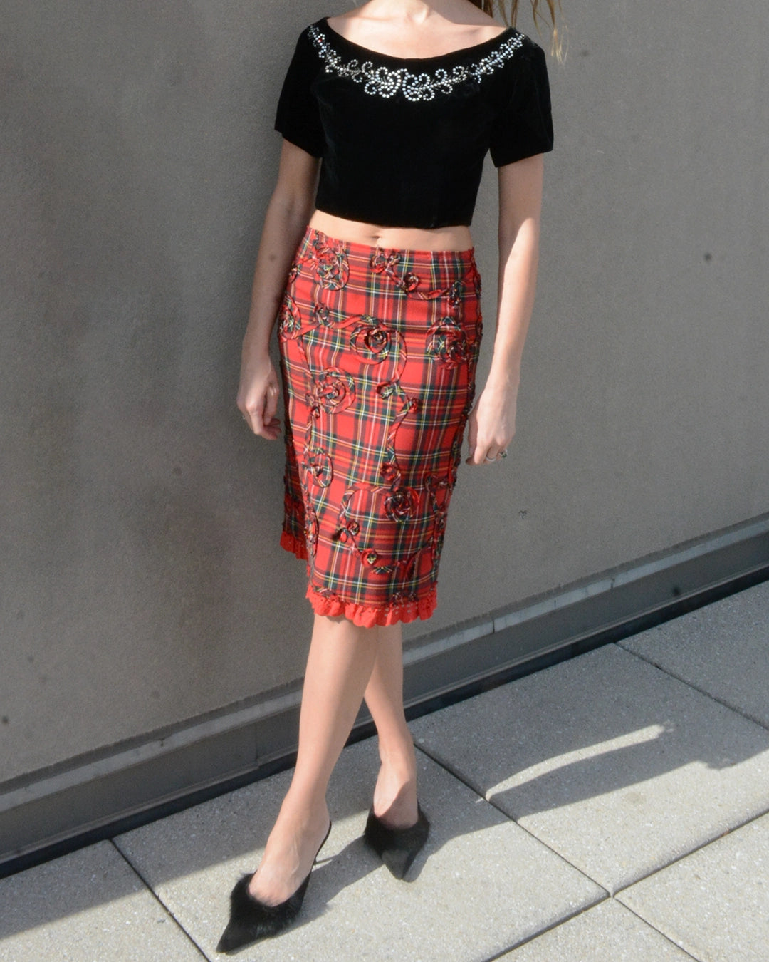 Vintage Tartan Skirt with Appliqué and Eyelet Trim