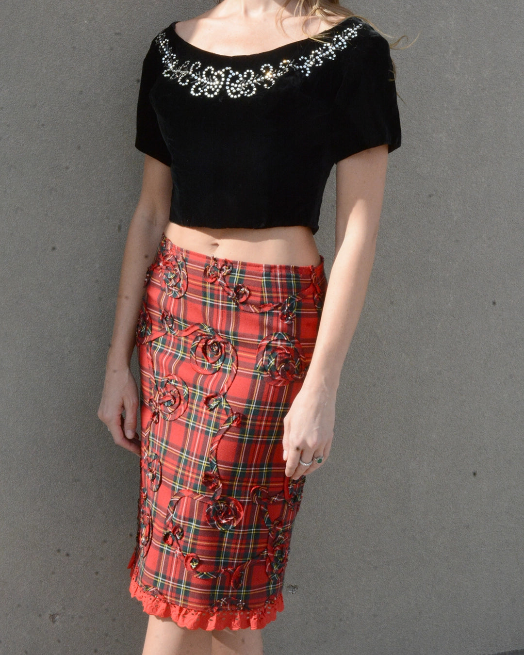 Vintage Tartan Skirt with Appliqué and Eyelet Trim
