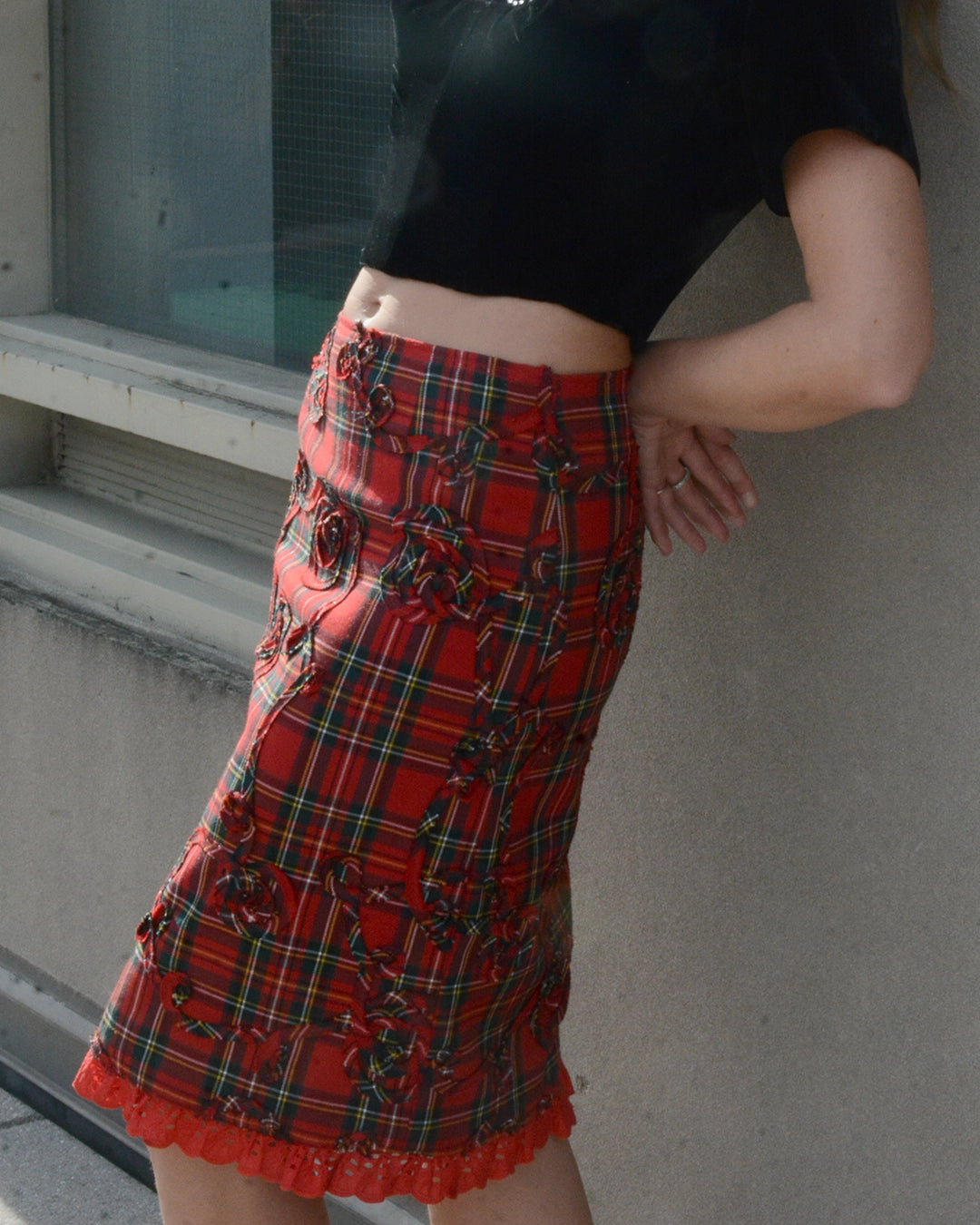 Vintage Tartan Skirt with Appliqué and Eyelet Trim