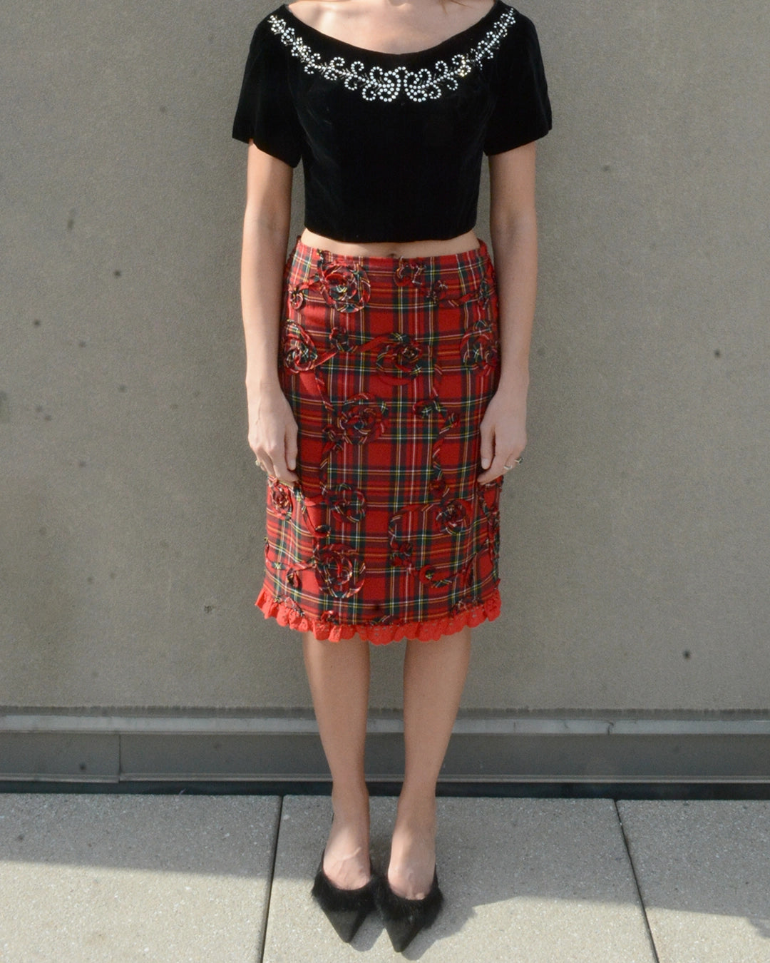 Vintage Tartan Skirt with Appliqué and Eyelet Trim