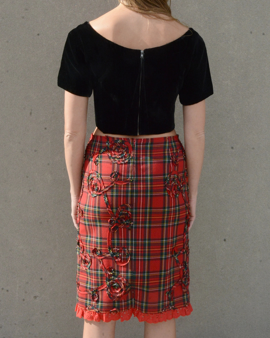Vintage Tartan Skirt with Appliqué and Eyelet Trim