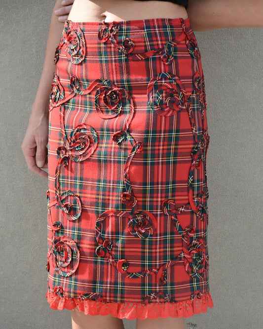 Vintage Tartan Skirt with Appliqué and Eyelet Trim