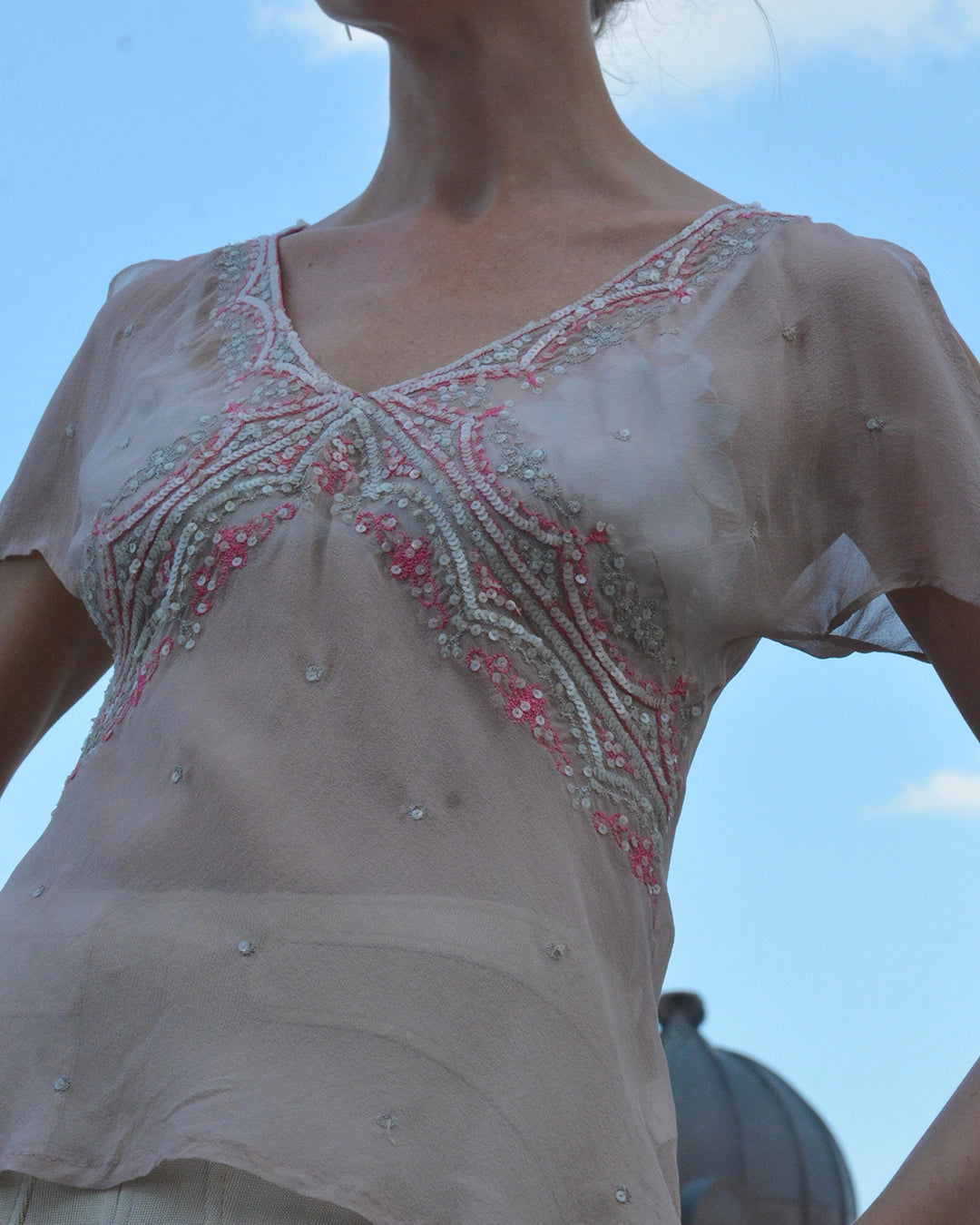 Vintage Y2K Silk Chiffon Embellished Butterfly Sleeve Top