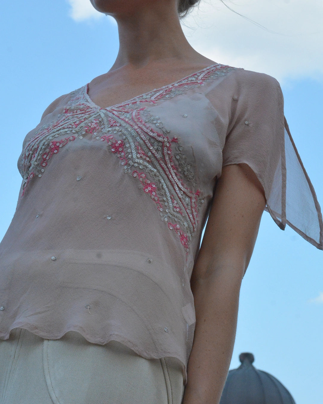 Vintage Y2K Silk Chiffon Embellished Butterfly Sleeve Top