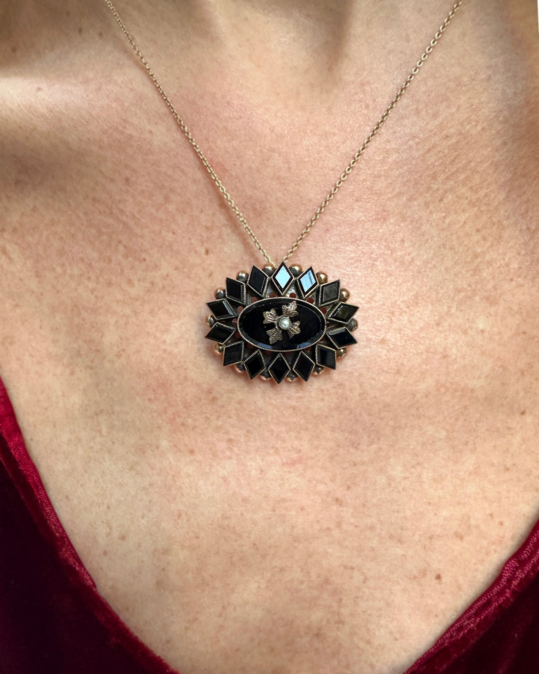 Rare Victorian 10k Gold, Onyx, & Seed Pearl Pendant/Brooch