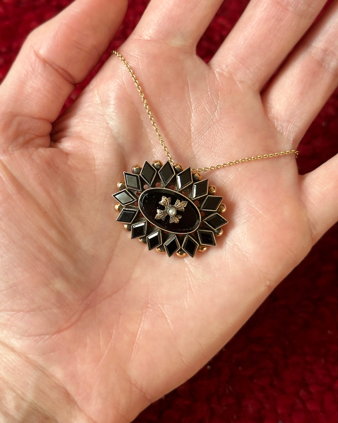 Rare Victorian 10k Gold, Onyx, & Seed Pearl Pendant/Brooch