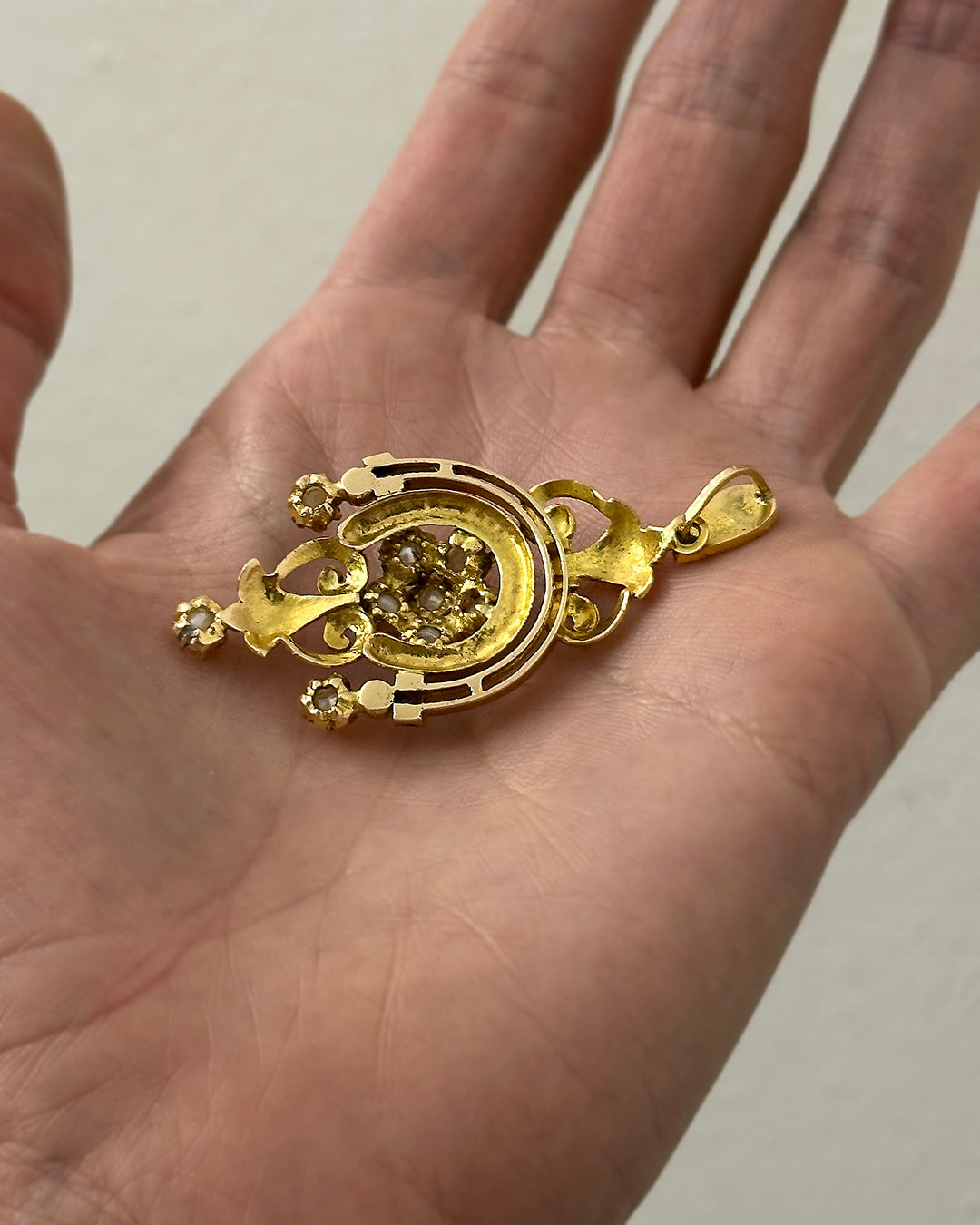 Vintage European 14k Gold Enamel Lavalier Pendant With Seed Pearls