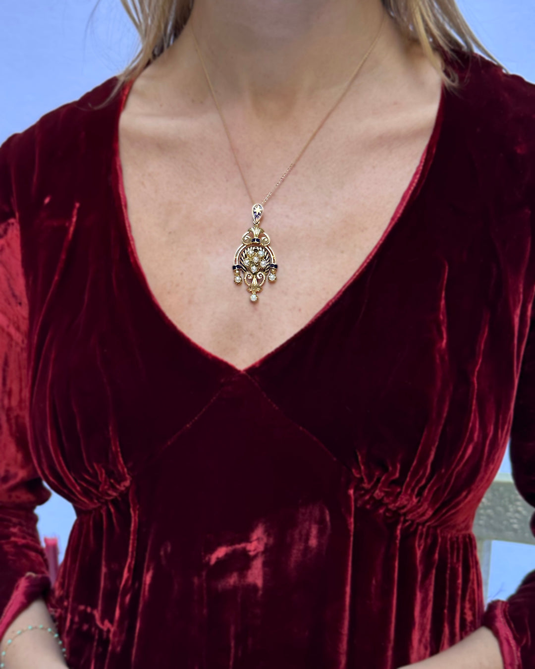 Vintage European 14k Gold Enamel Lavalier Pendant With Seed Pearls