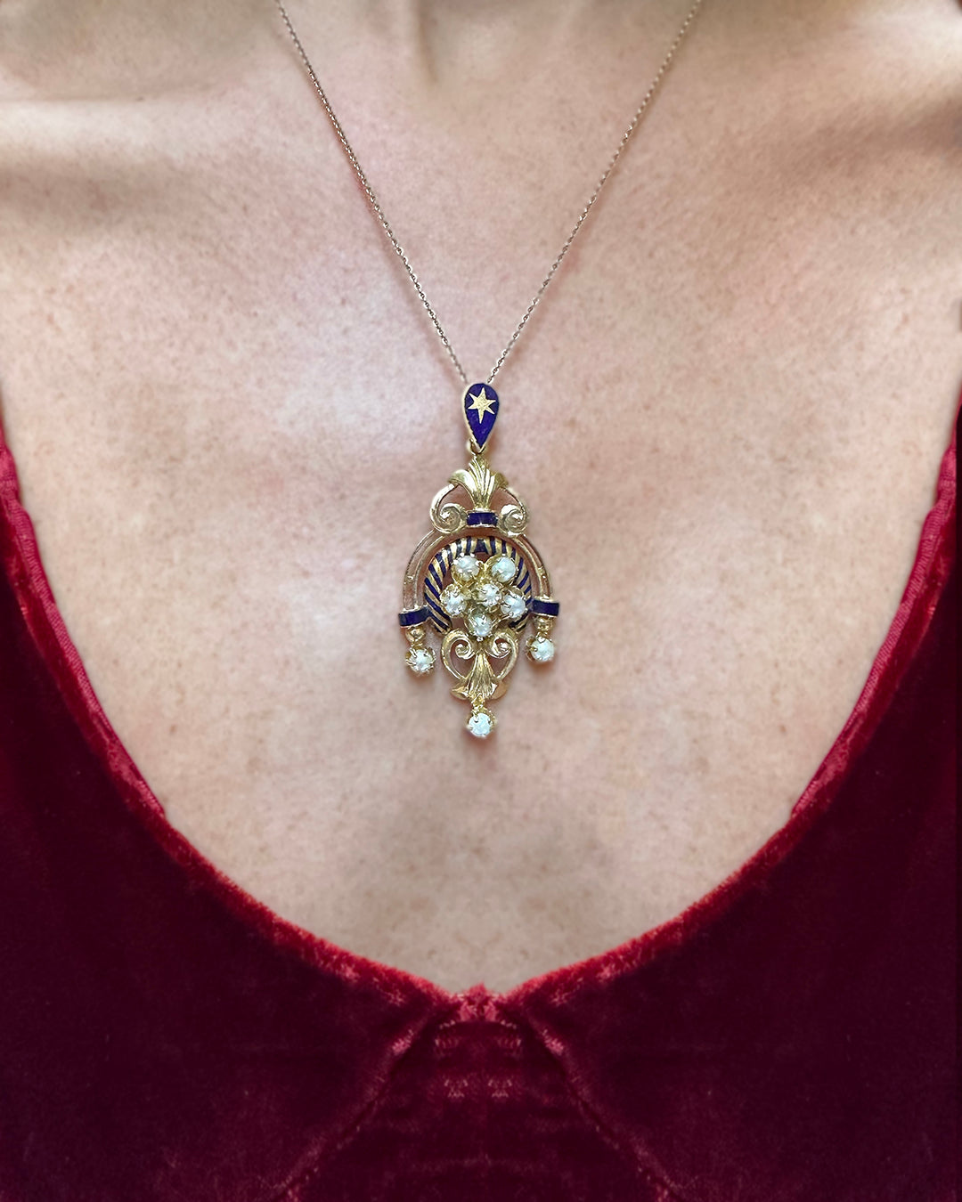 Vintage European 14k Gold Enamel Lavalier Pendant With Seed Pearls