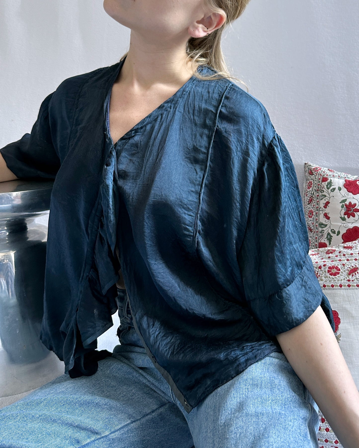 Antique 1920s Navy Blue Silk Blouse