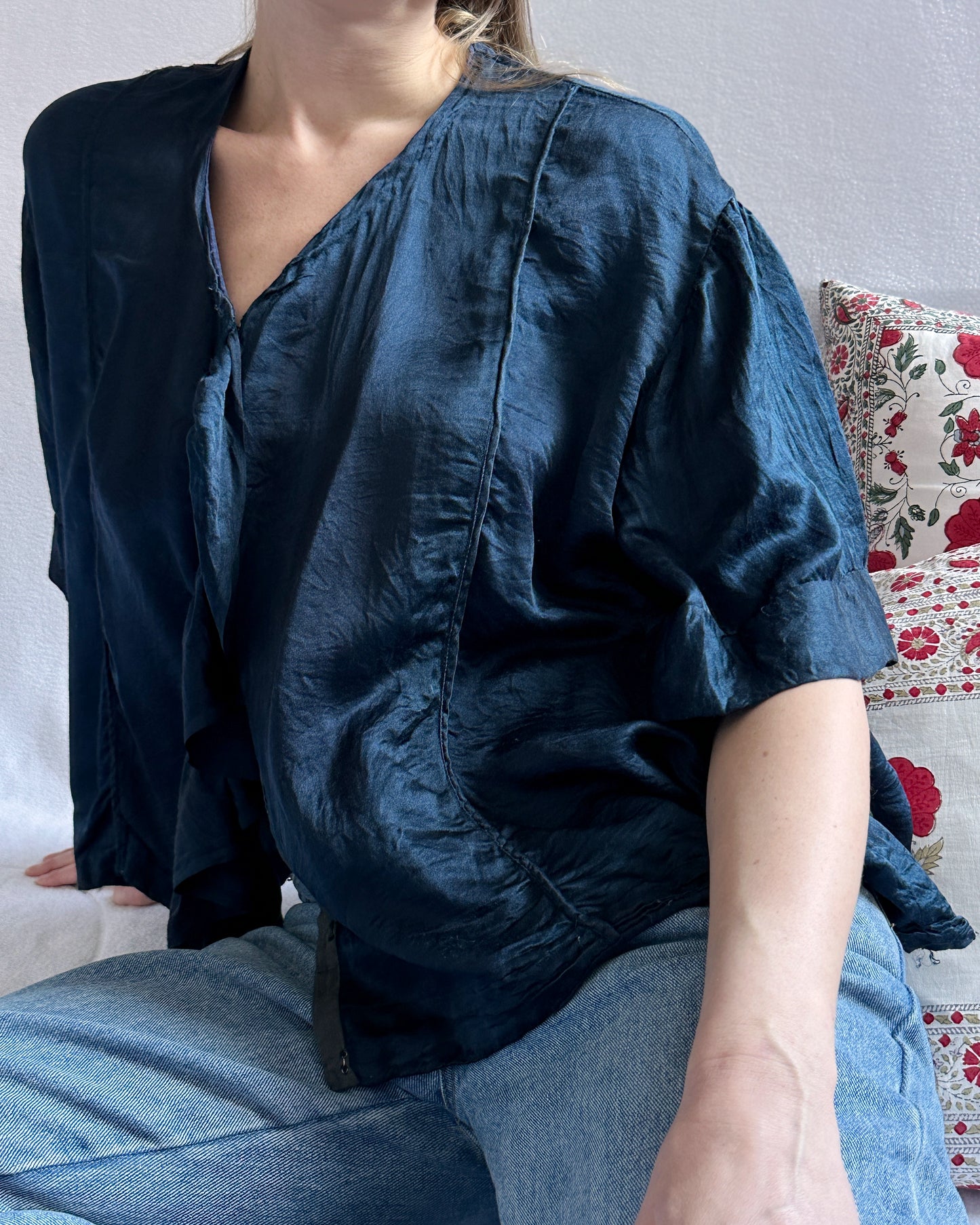 Antique 1920s Navy Blue Silk Blouse