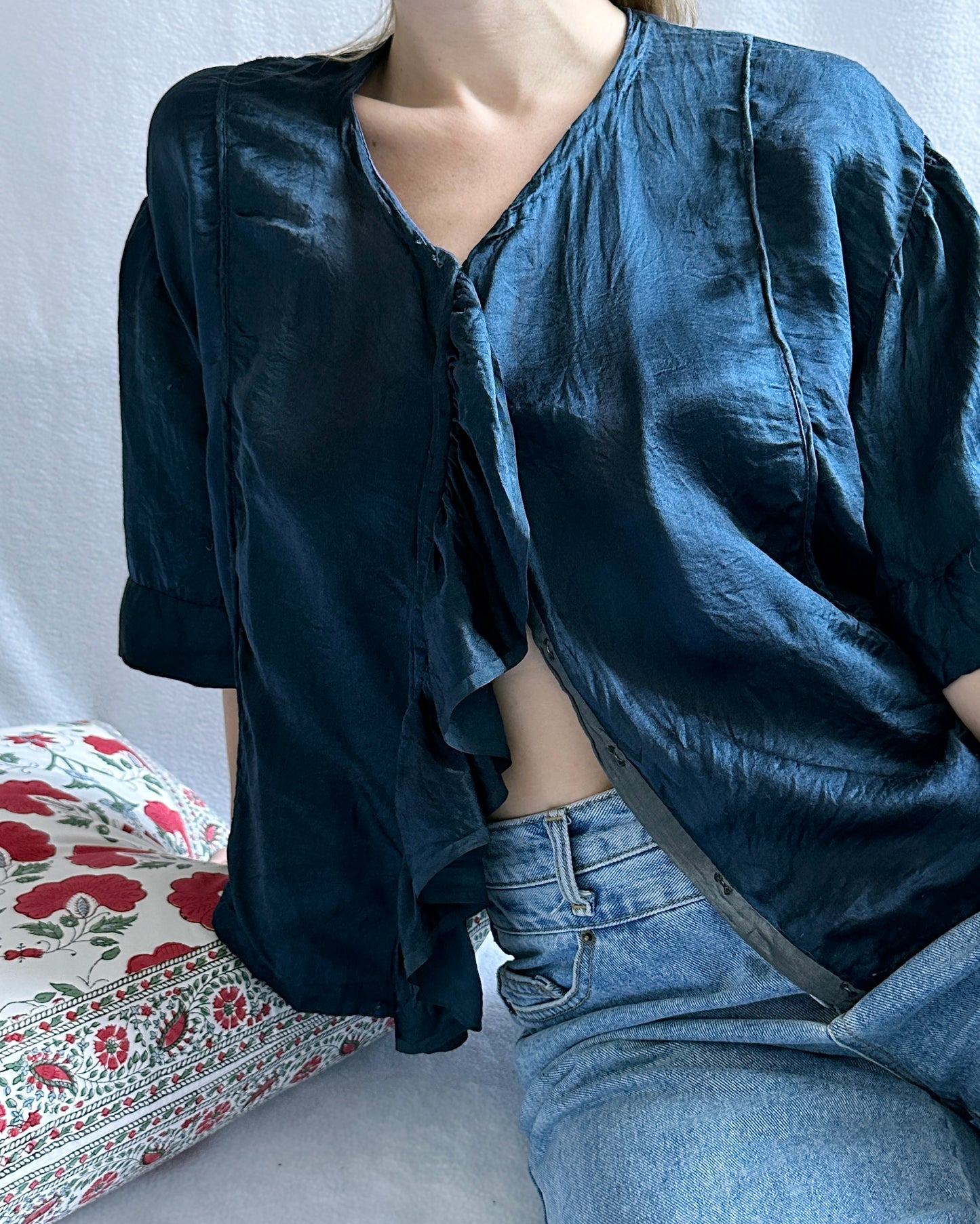 Antique 1920s Navy Blue Silk Blouse