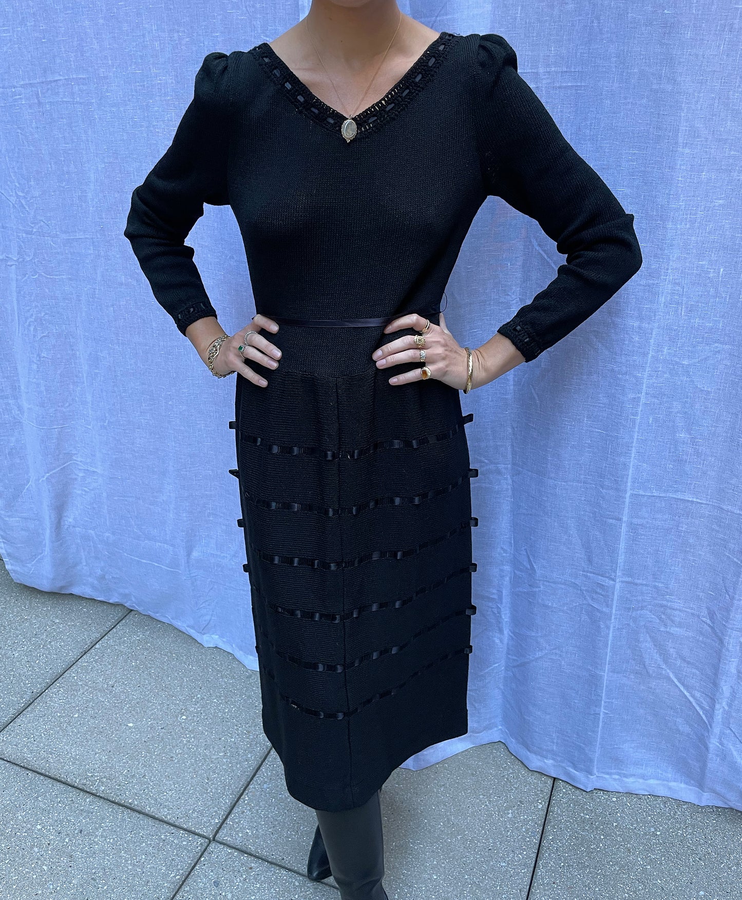 Vintage Ribbon-Woven Knit Dress | S-M
