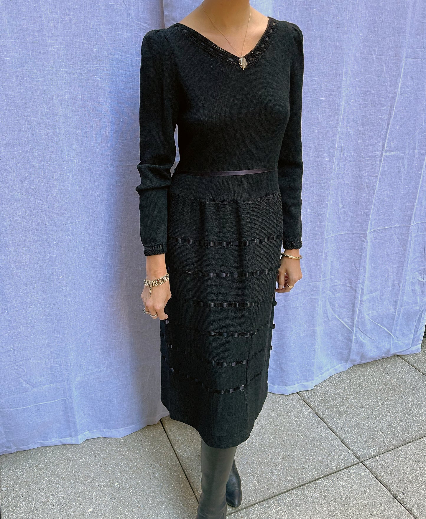 Vintage Ribbon-Woven Knit Dress | S-M