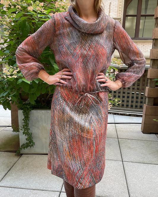 Vintage 1970s Printed Mesh Dress Set| S-M
