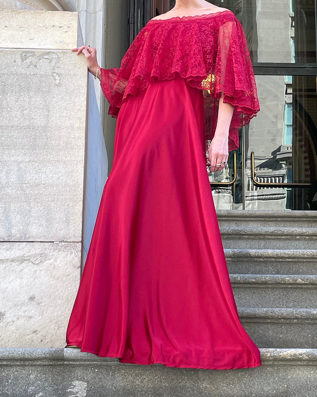 Vintage 1970s Cranberry Gown With Lace Bertha Collar