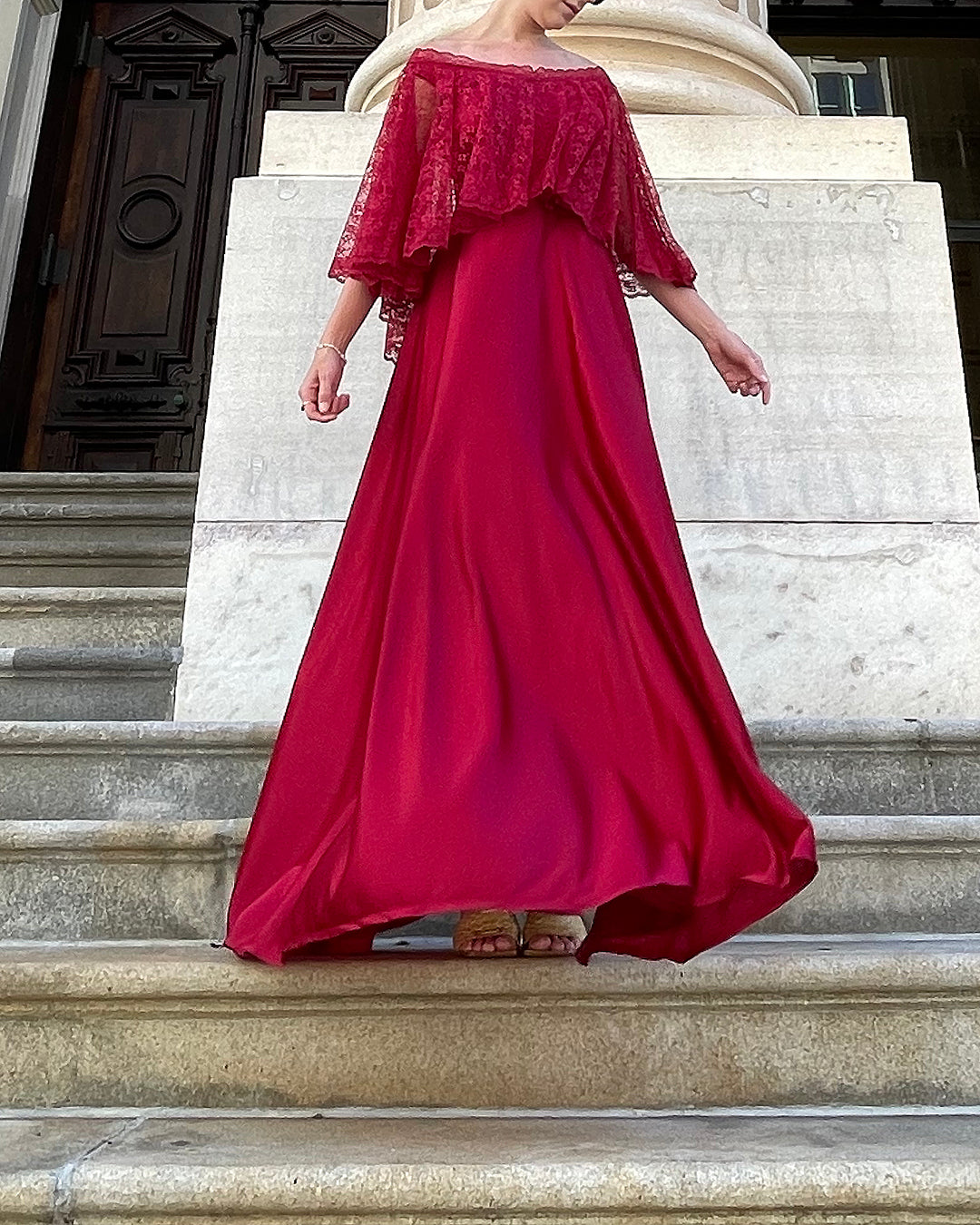 Vintage 1970s Cranberry Gown With Lace Bertha Collar