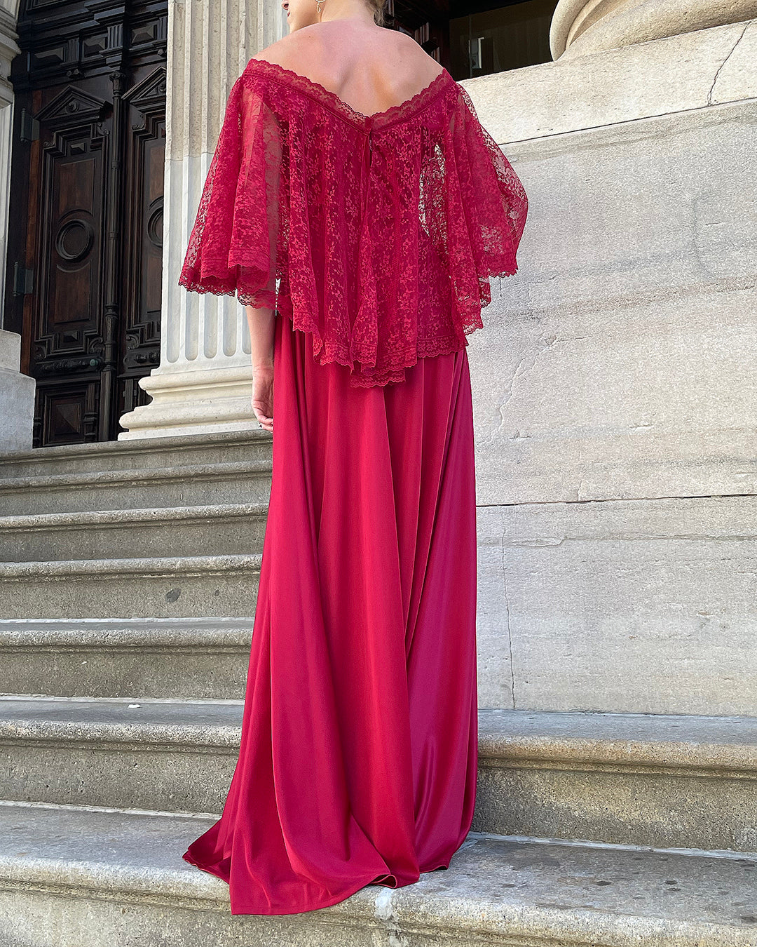 Vintage 1970s Cranberry Gown With Lace Bertha Collar