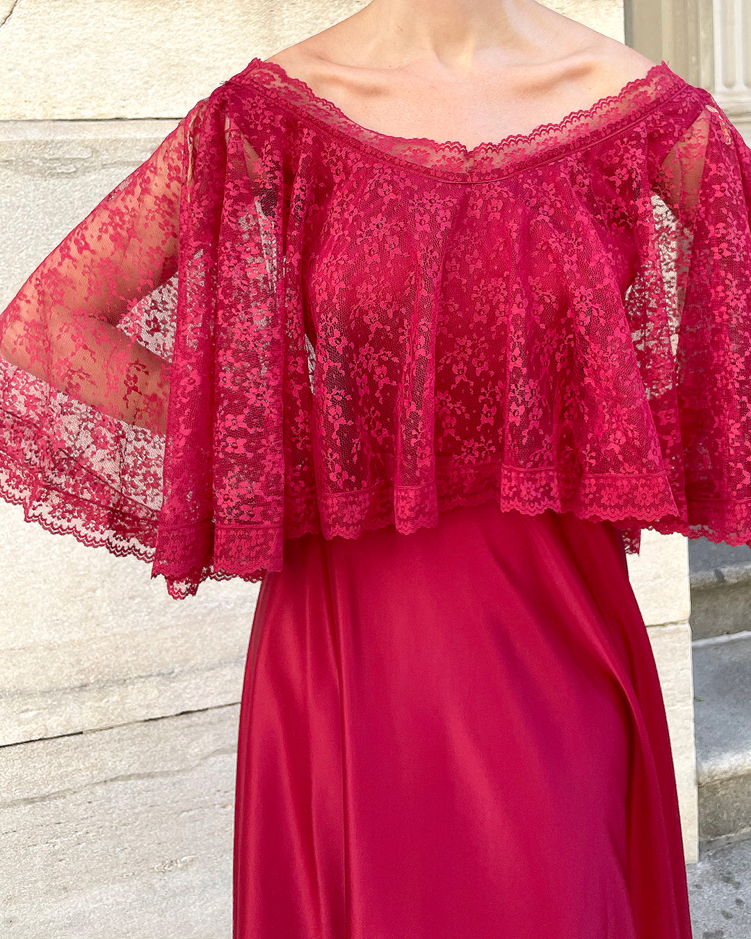 Vintage 1970s Cranberry Gown With Lace Bertha Collar