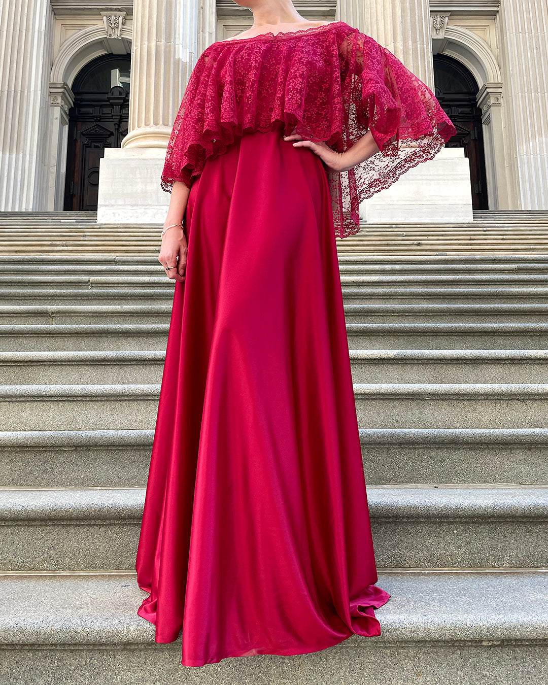 Vintage 1970s Cranberry Gown With Lace Bertha Collar