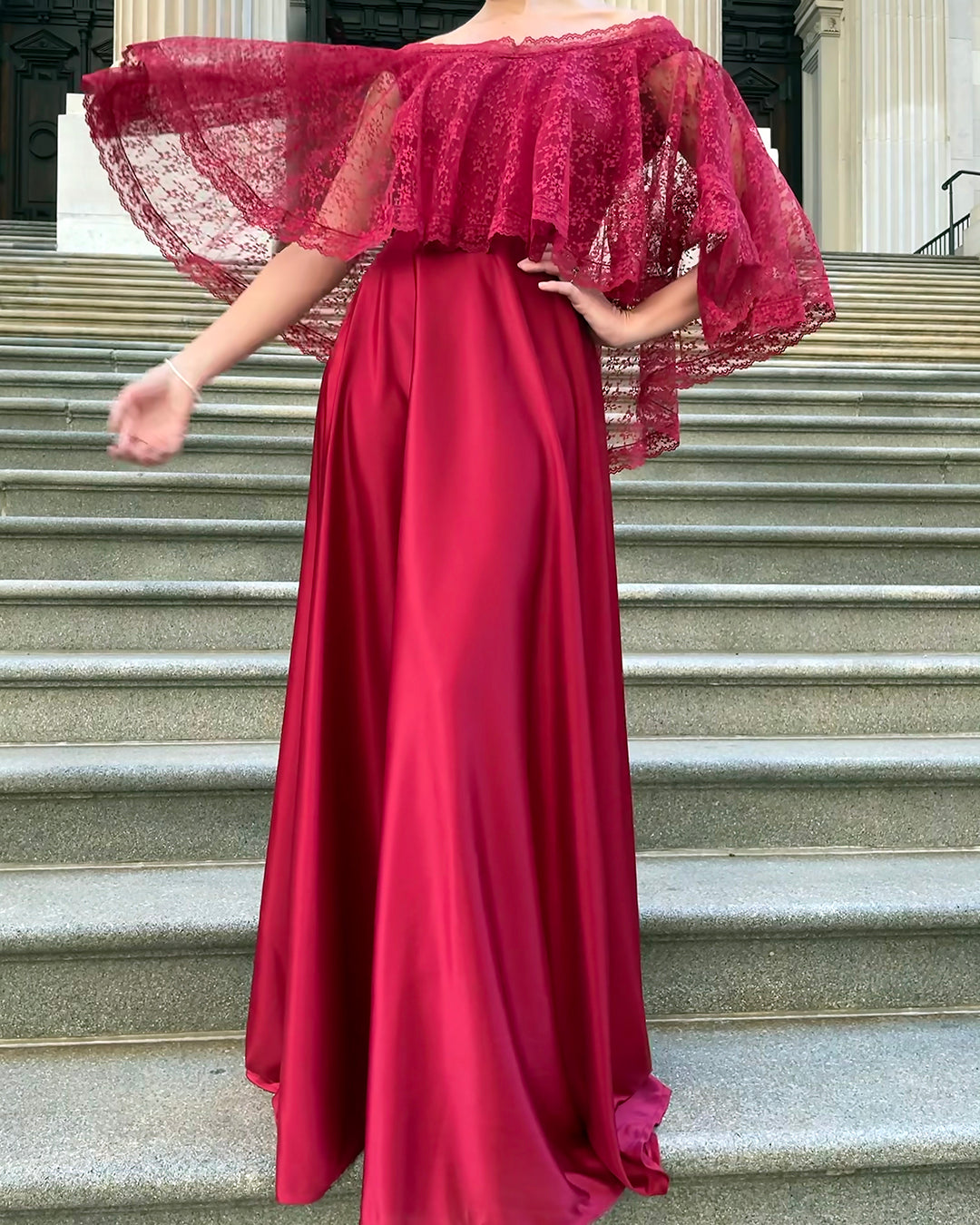 Vintage 1970s Cranberry Gown With Lace Bertha Collar Very Breezy Vintage 1970s Cranberry Gown With Lace Bertha Collar Very Breezy