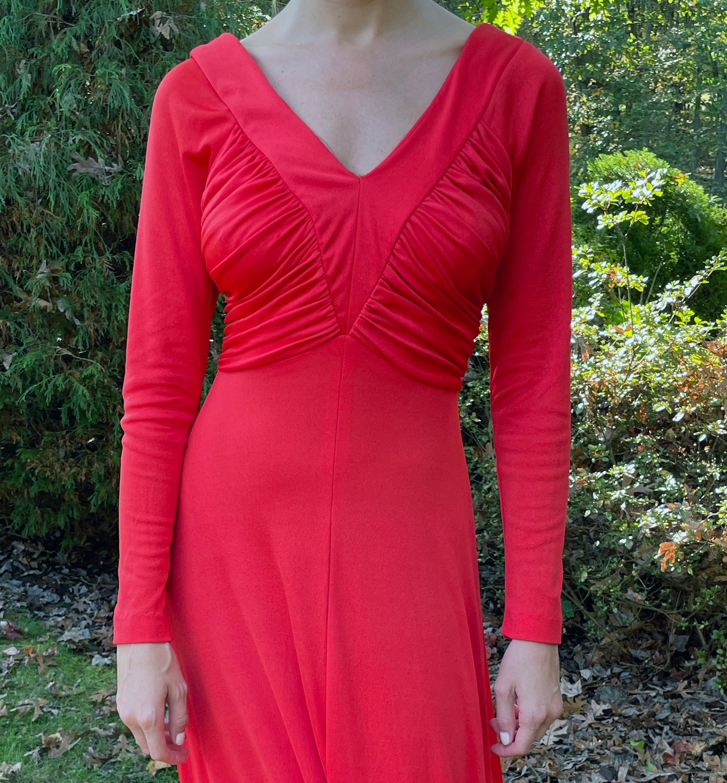 1970s Orange Ruched Jersey Maxidress