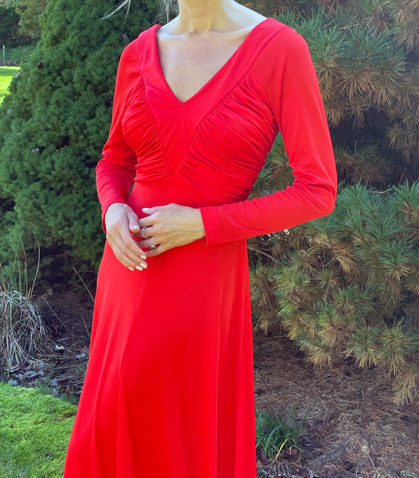 1970s Orange Ruched Jersey Maxidress