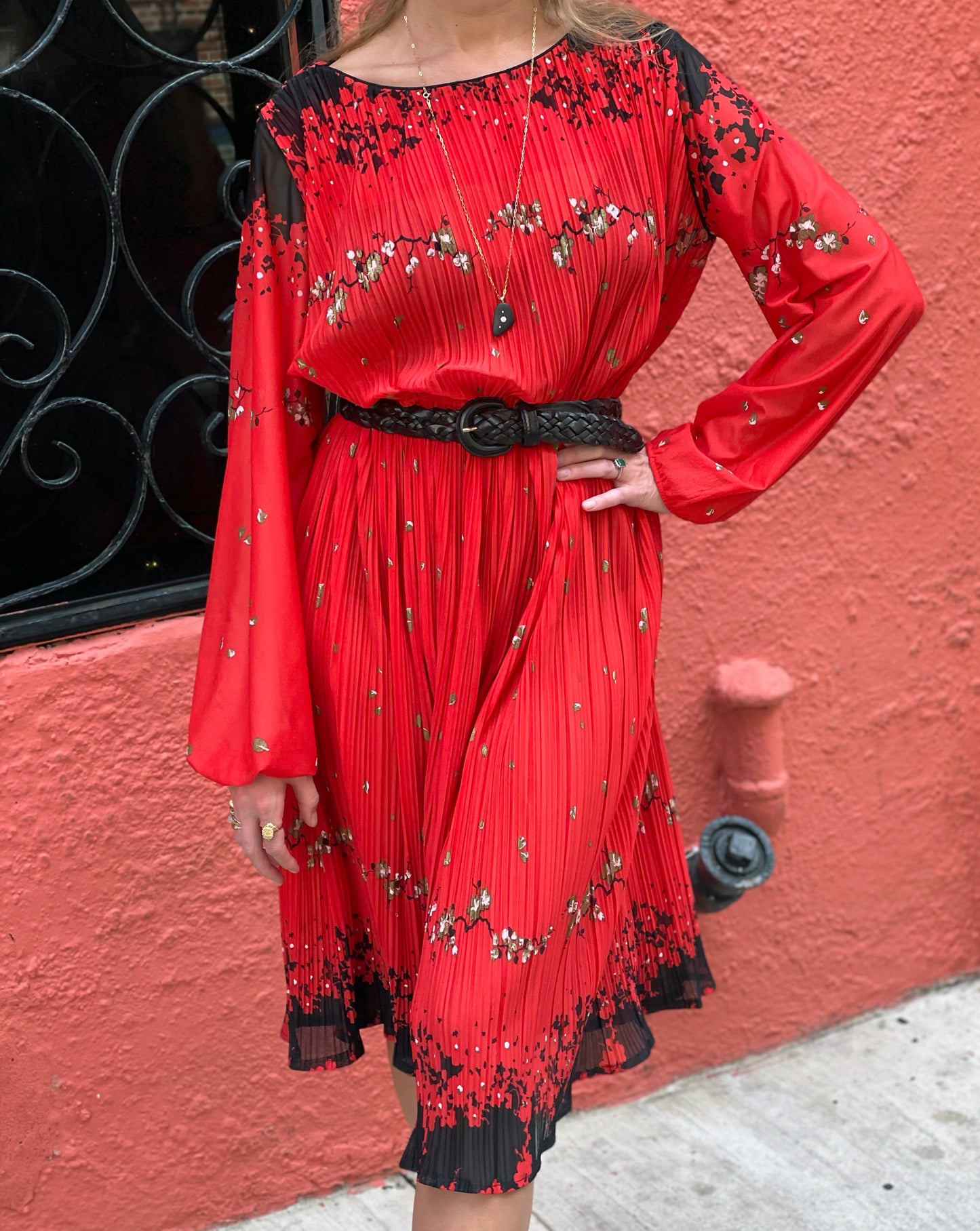 Vintage 1970s Plissé Cherry Blossom Dress