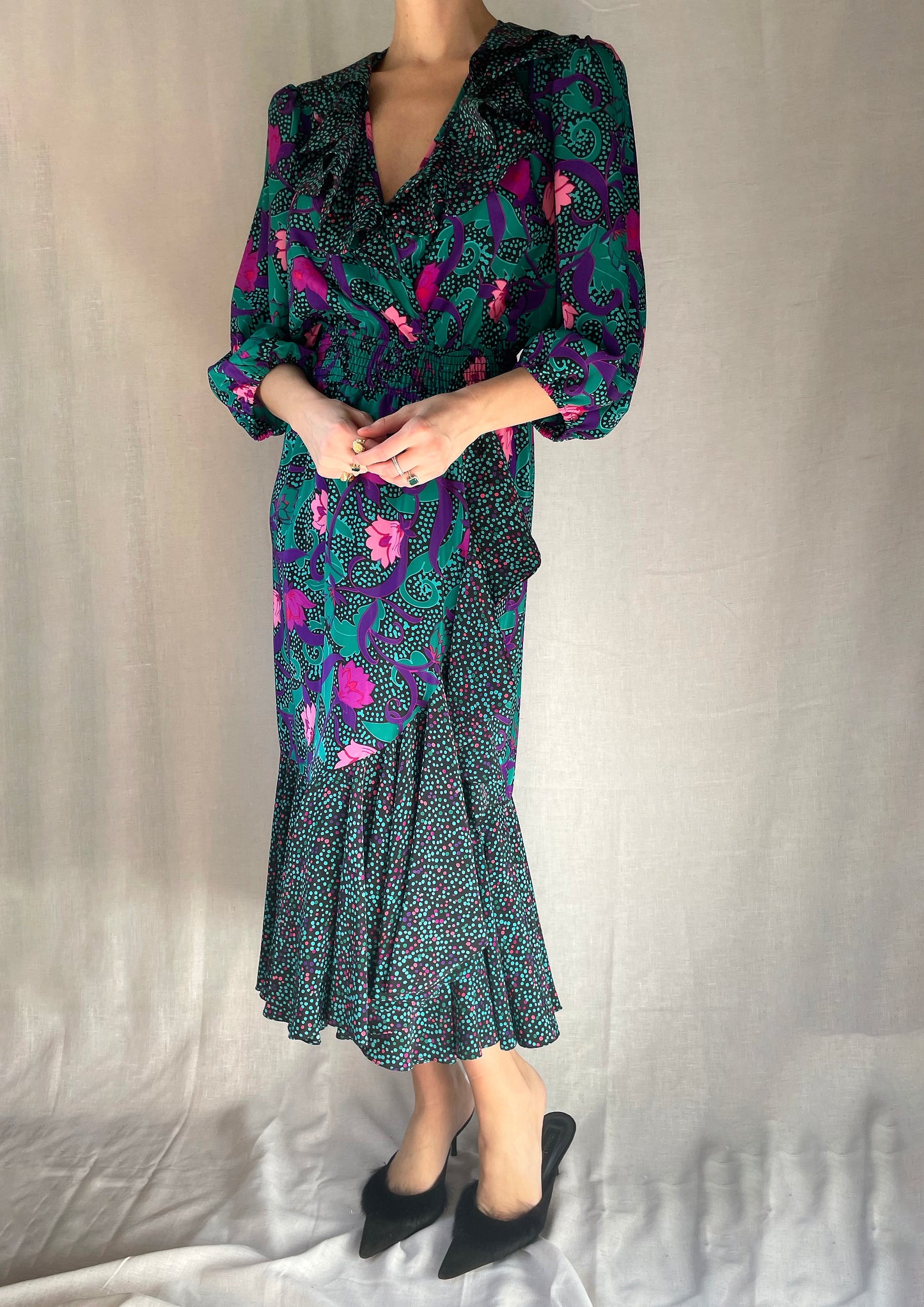 Vintage 1980s Shirred Waist Ruffled Dress