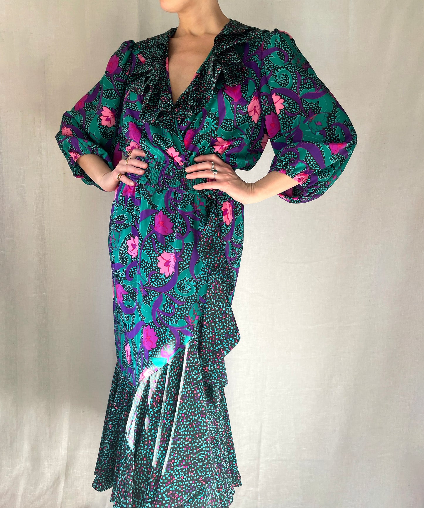 Vintage 1980s Shirred Waist Ruffled Dress