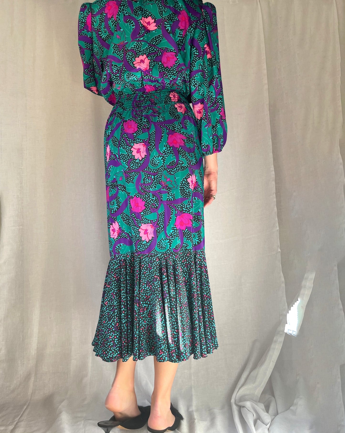 Vintage 1980s Shirred Waist Ruffled Dress
