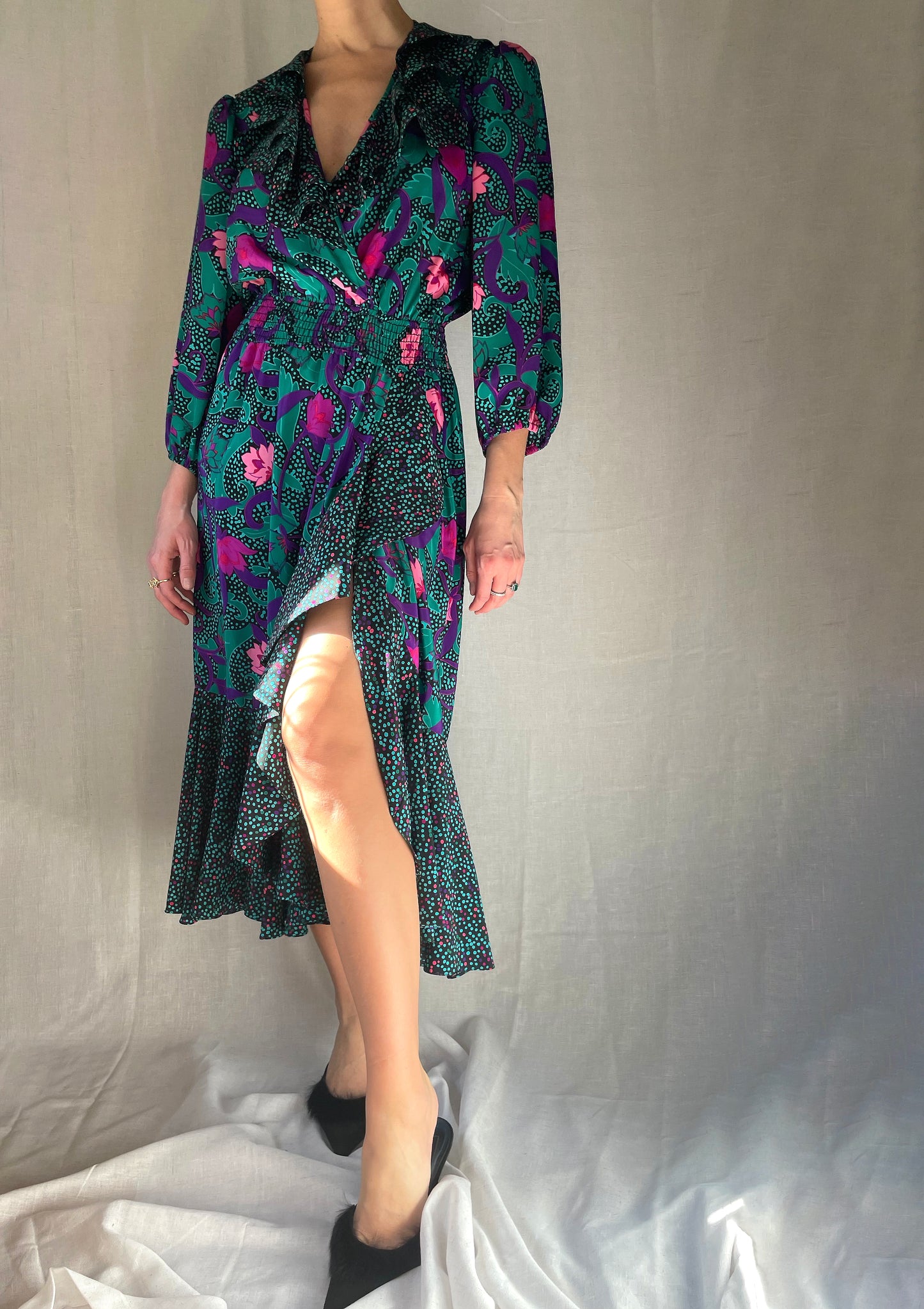 Vintage 1980s Shirred Waist Ruffled Dress
