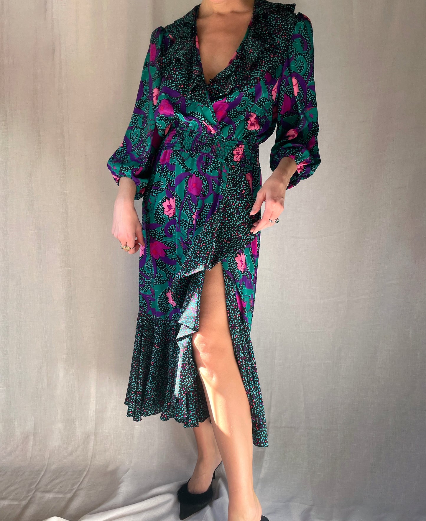Vintage 1980s Shirred Waist Ruffled Dress