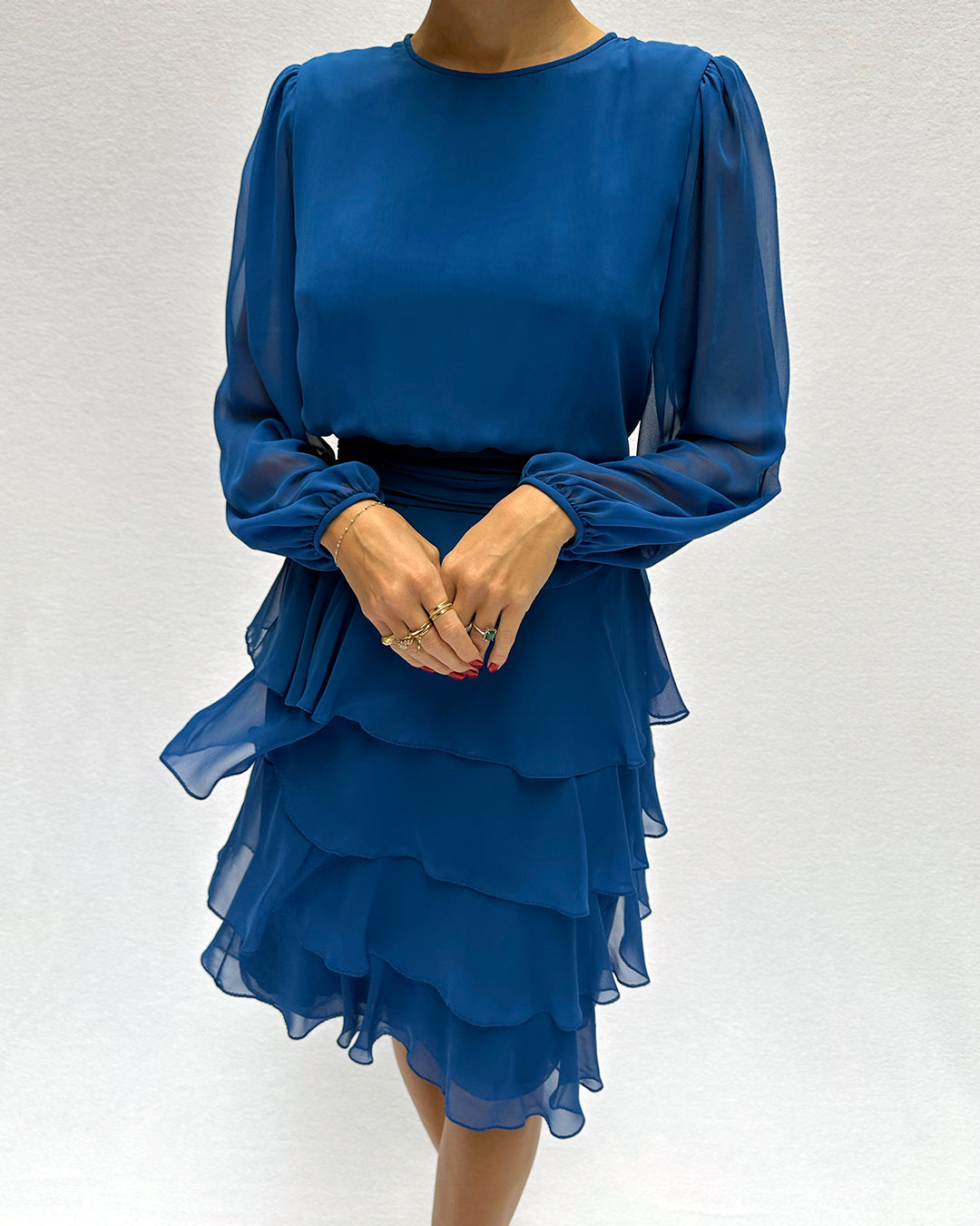 Vintage Tiered Chiffon Long Sleeve Dress