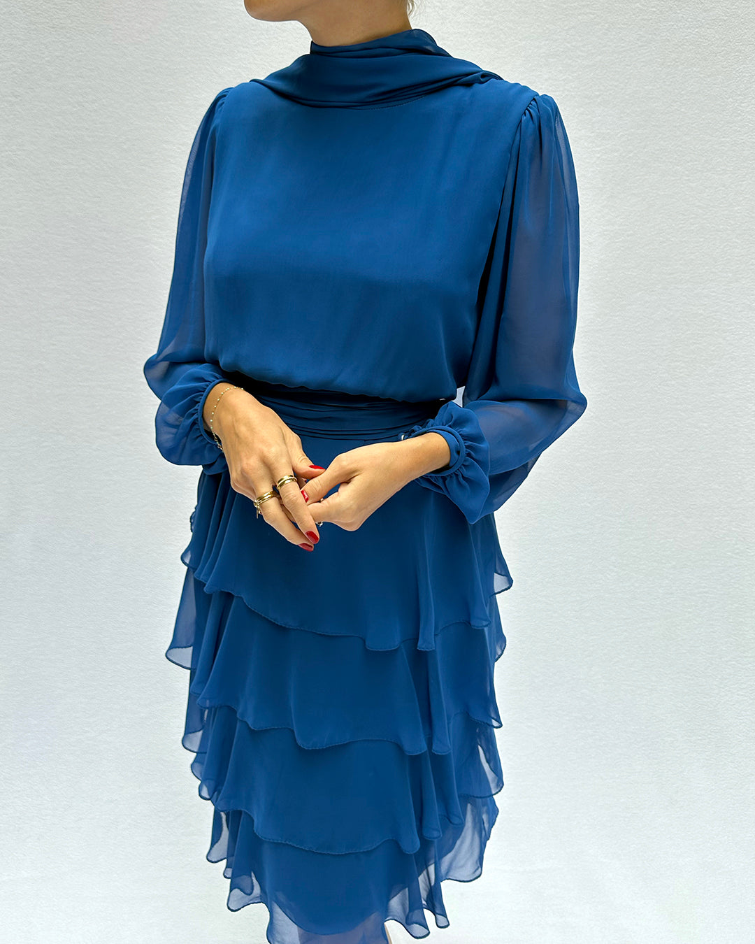 Vintage Tiered Chiffon Long Sleeve Dress