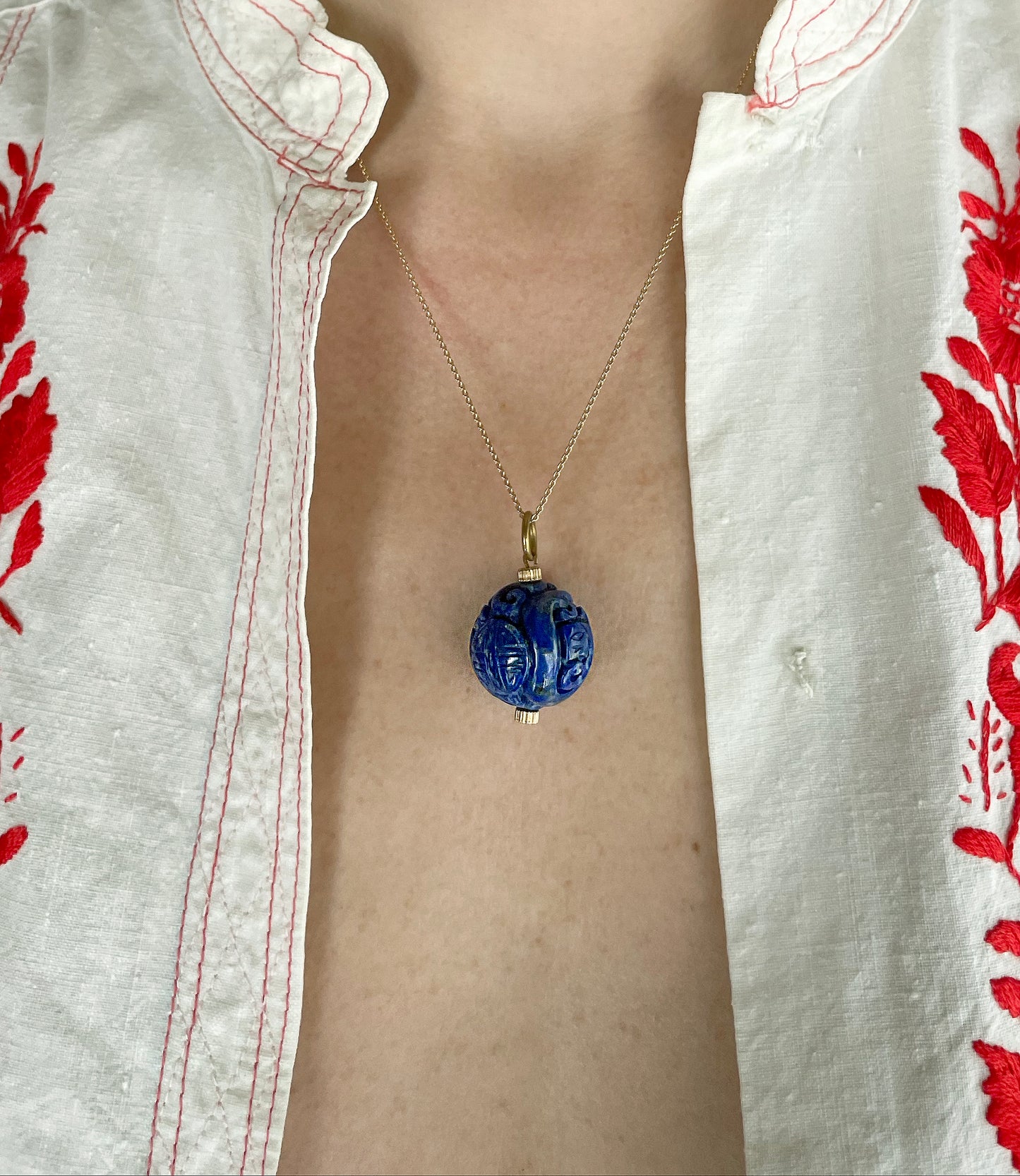 Art Deco Chinese Carved Sodalite Pendant
