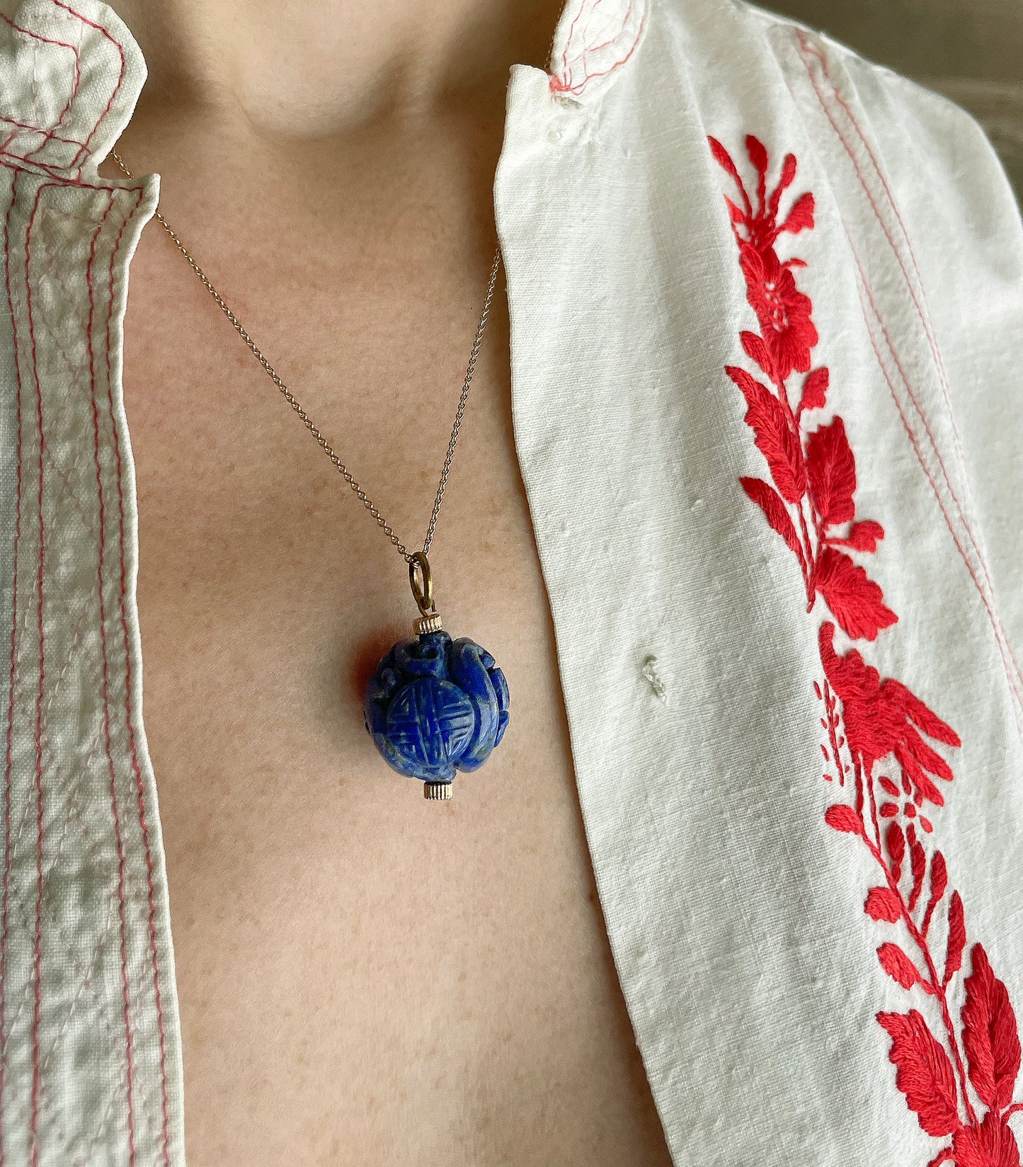 Art Deco Chinese Carved Sodalite Pendant