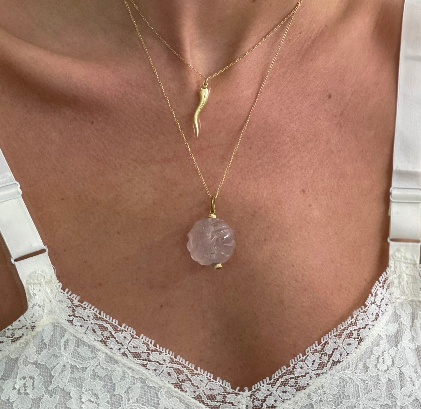 Art Deco Hand-Carved Rose Quartz Pendant