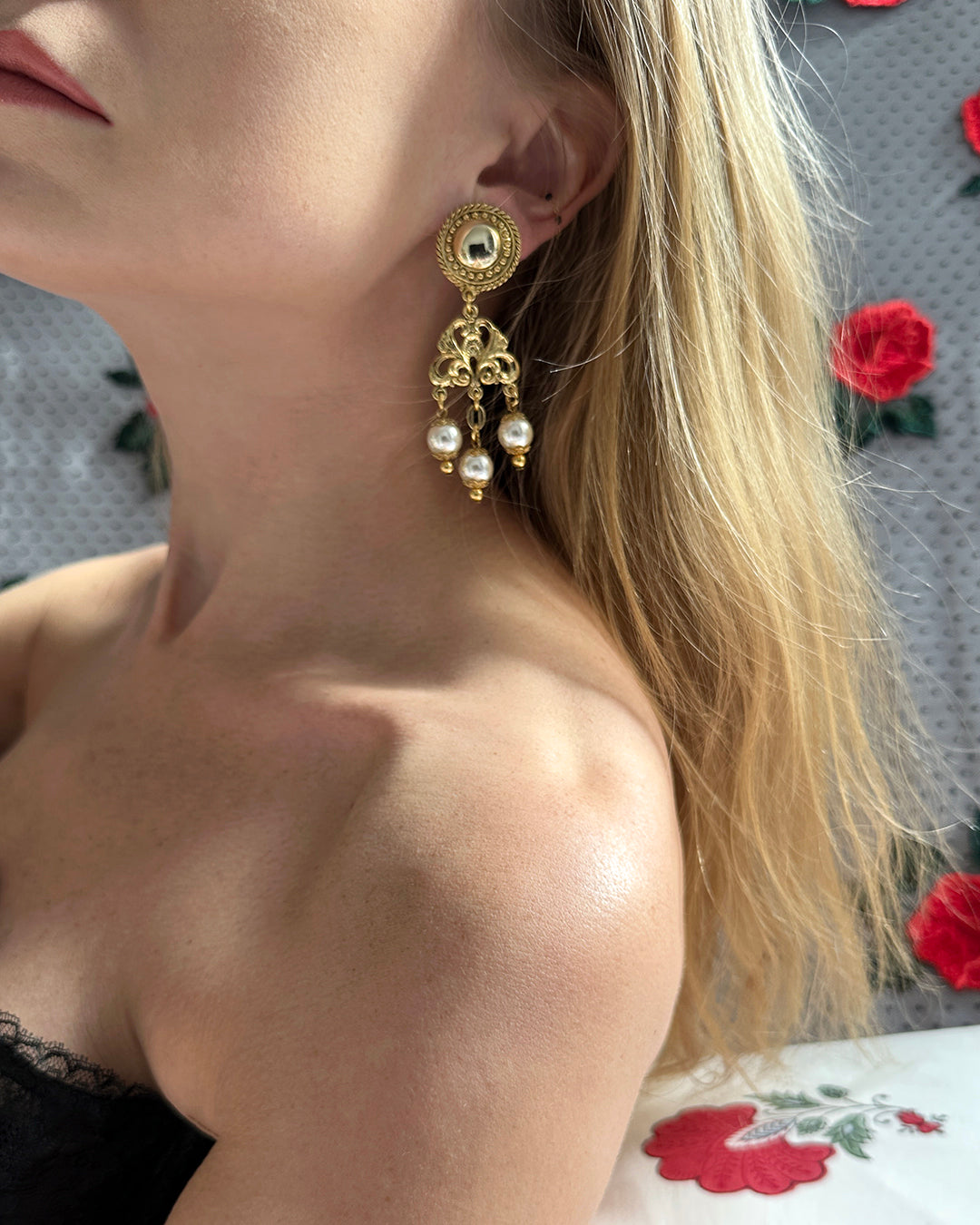 Vintage Gold And Pearl Rococo Girandole Chandelier Earrings