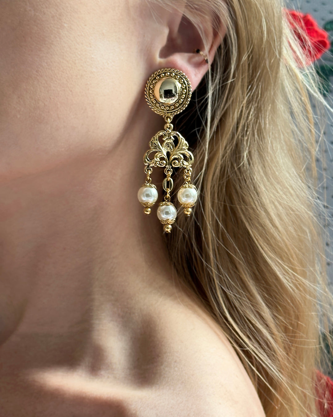 Vintage Gold And Pearl Rococo Girandole Chandelier Earrings