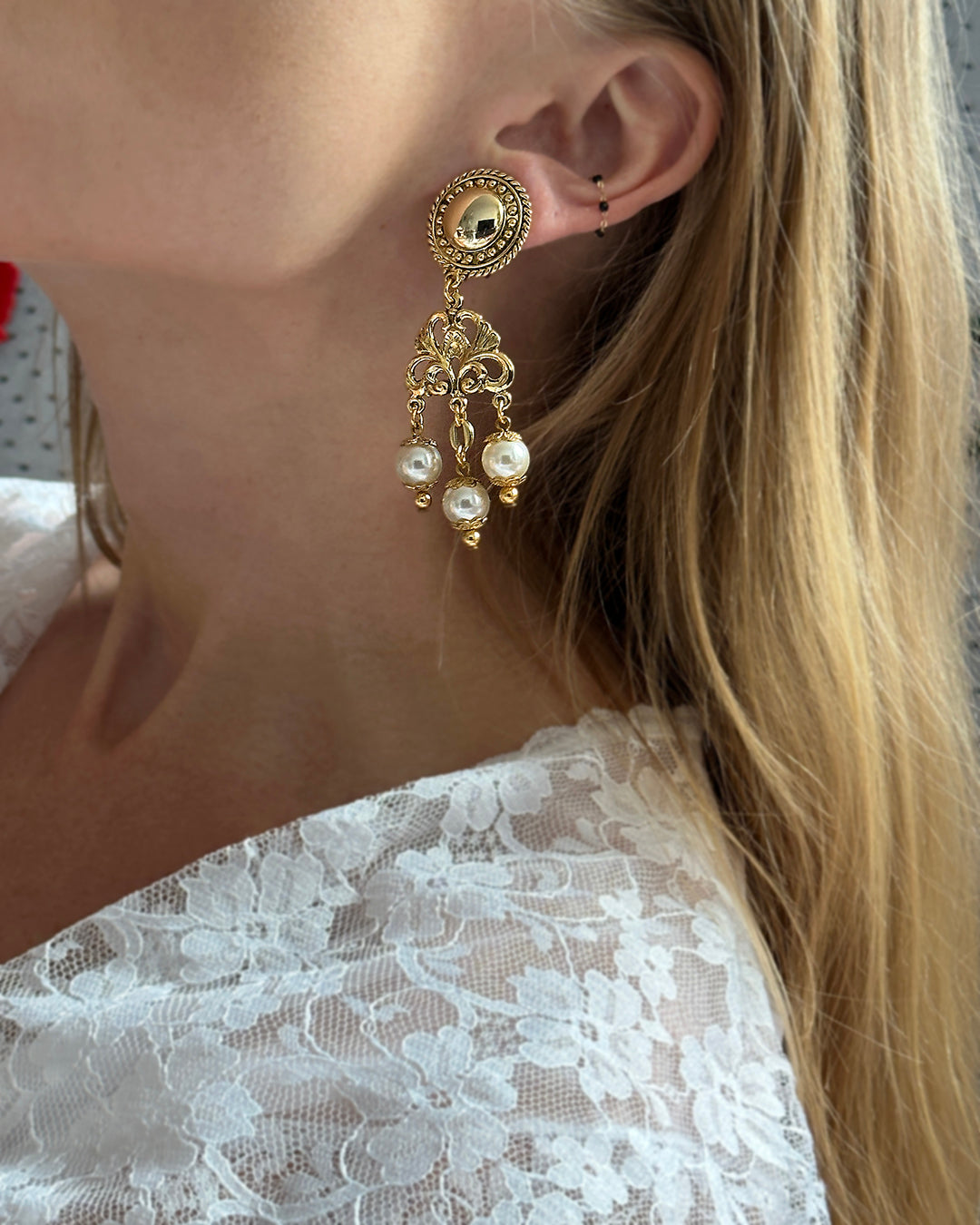 Vintage Gold And Pearl Rococo Girandole Chandelier Earrings
