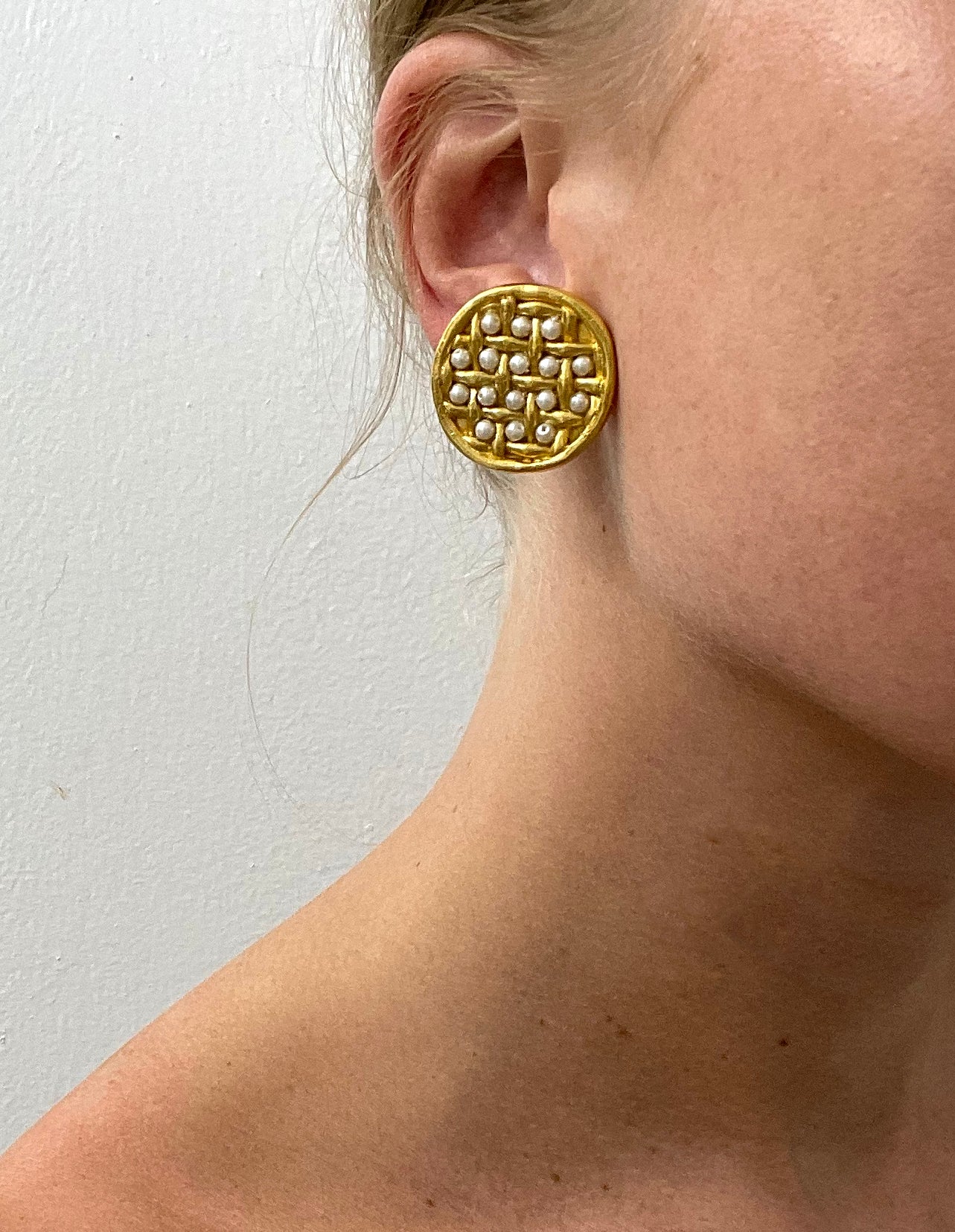 Rare Vintage Jacky De G Pearl Basket-Weave Earrings