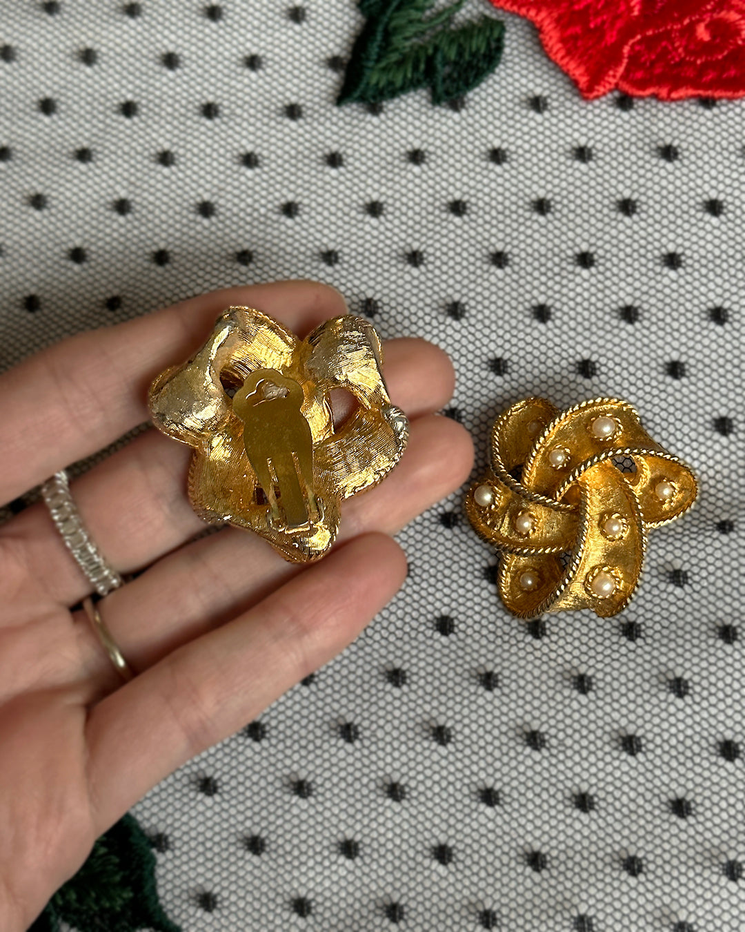 Vintage Pearl-Set Celtic Knot Ribbon Earrings