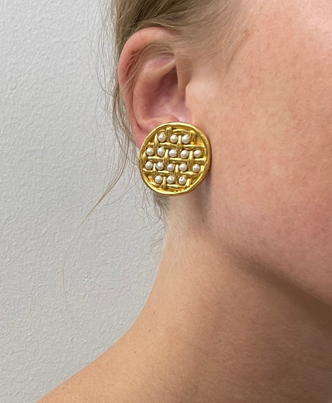 Rare Vintage Jacky De G Pearl Basket-Weave Earrings