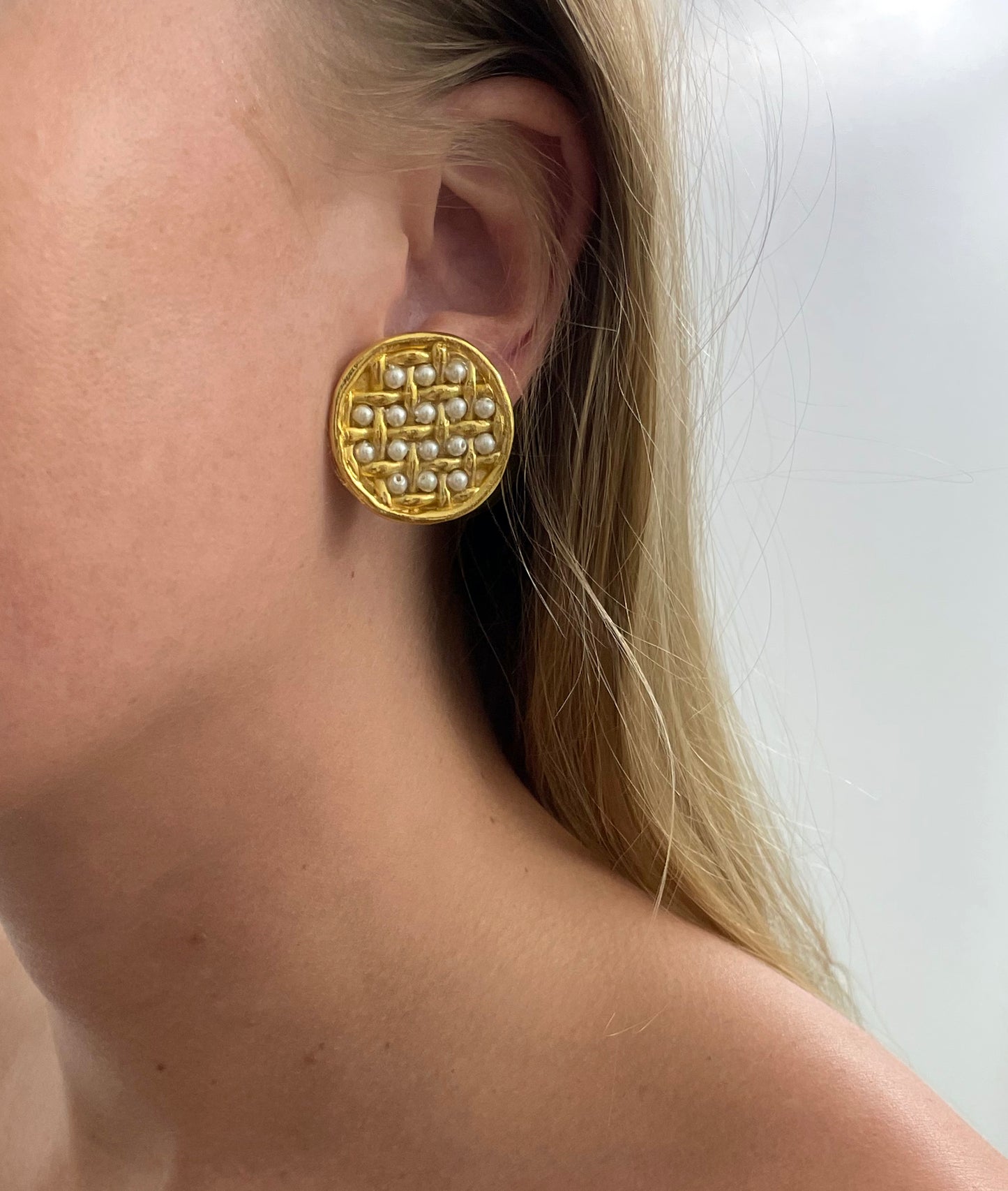 Rare Vintage Jacky De G Pearl Basket-Weave Earrings